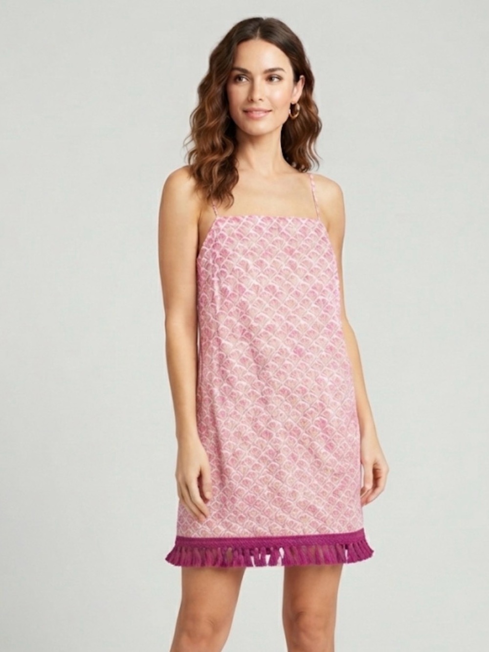 Vineyard Vines Women's Large Pink Fan Print Cotton Dress Tassel Hem Sleeveless